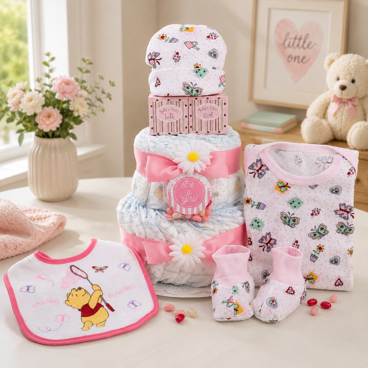 Cesta de regalo de pañales con forma de pastel "Sweet Baby Girl"