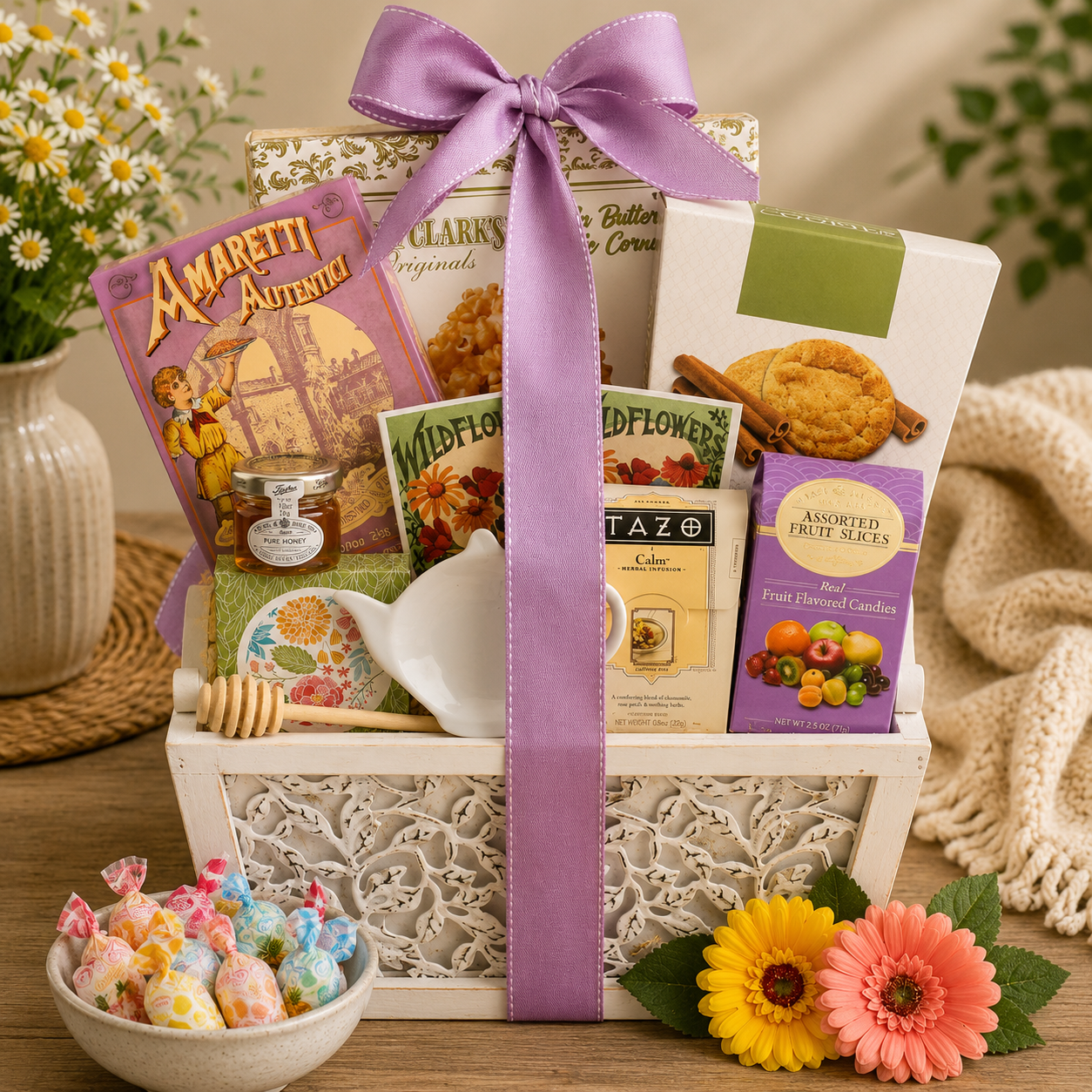 Cesta de Regalo Gourmet Jardín de Indulgencia con Té y Galletas