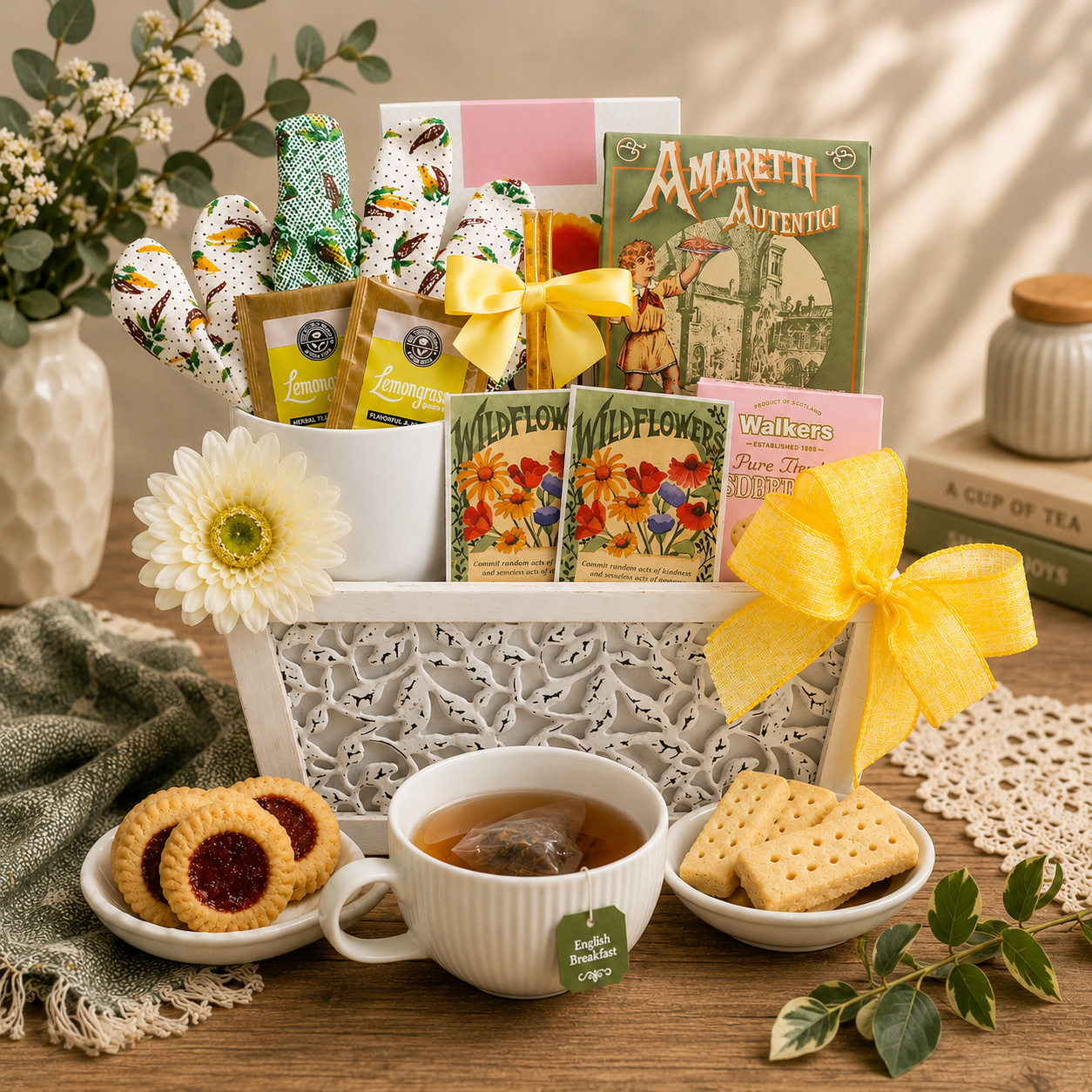 Cesta de regalo de galletas y té "Plantado con amor"