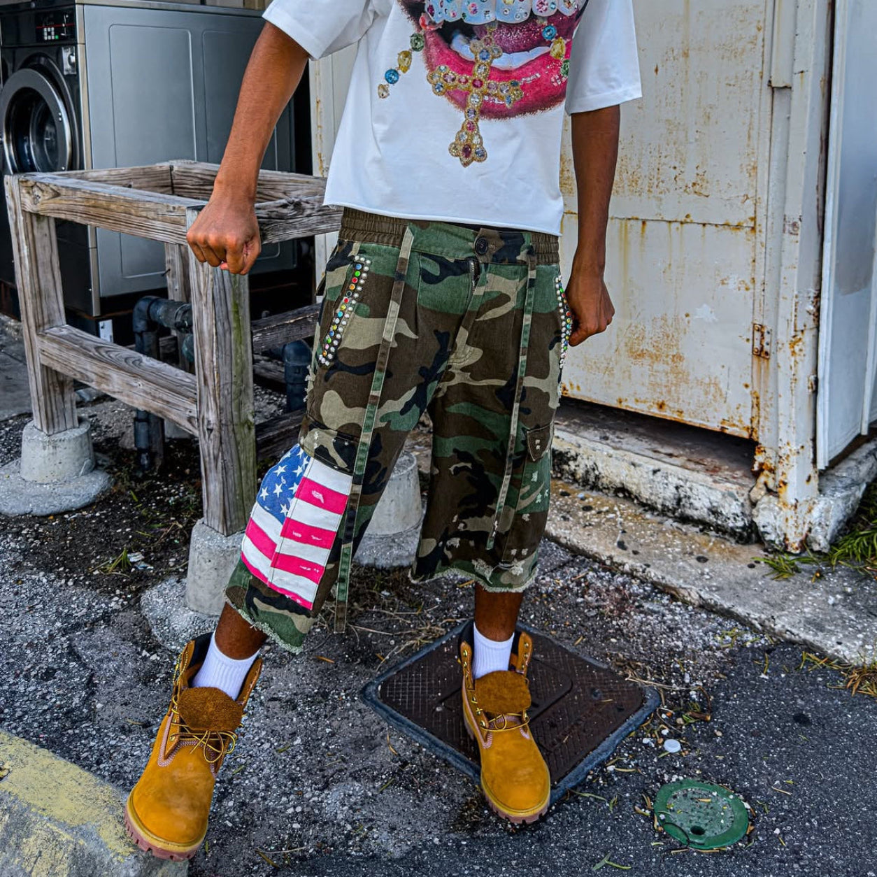 Americana Camo Pleated Rhinestone Shorts
