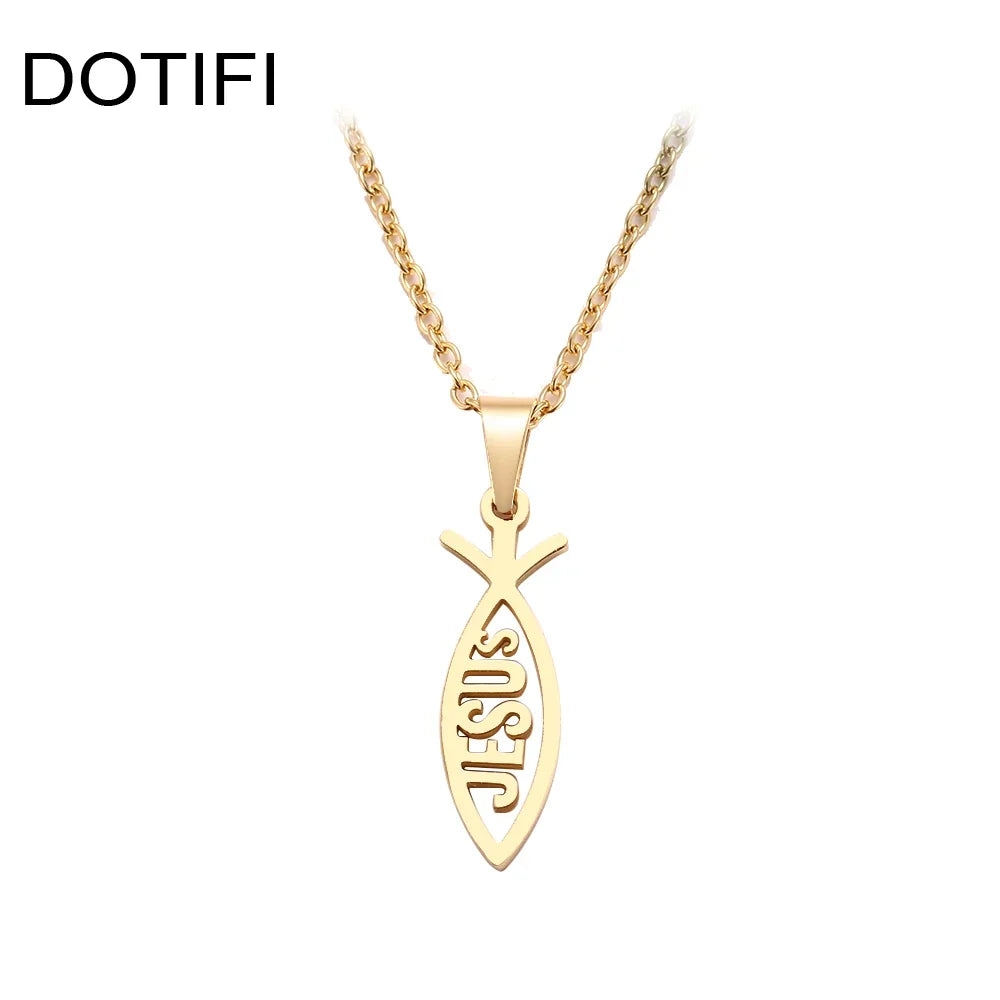 DOTIFI Collar de acero inoxidable para mujer, hombre, forma de pez Jesús afilado, collar con colgante de color, joyería de compromiso