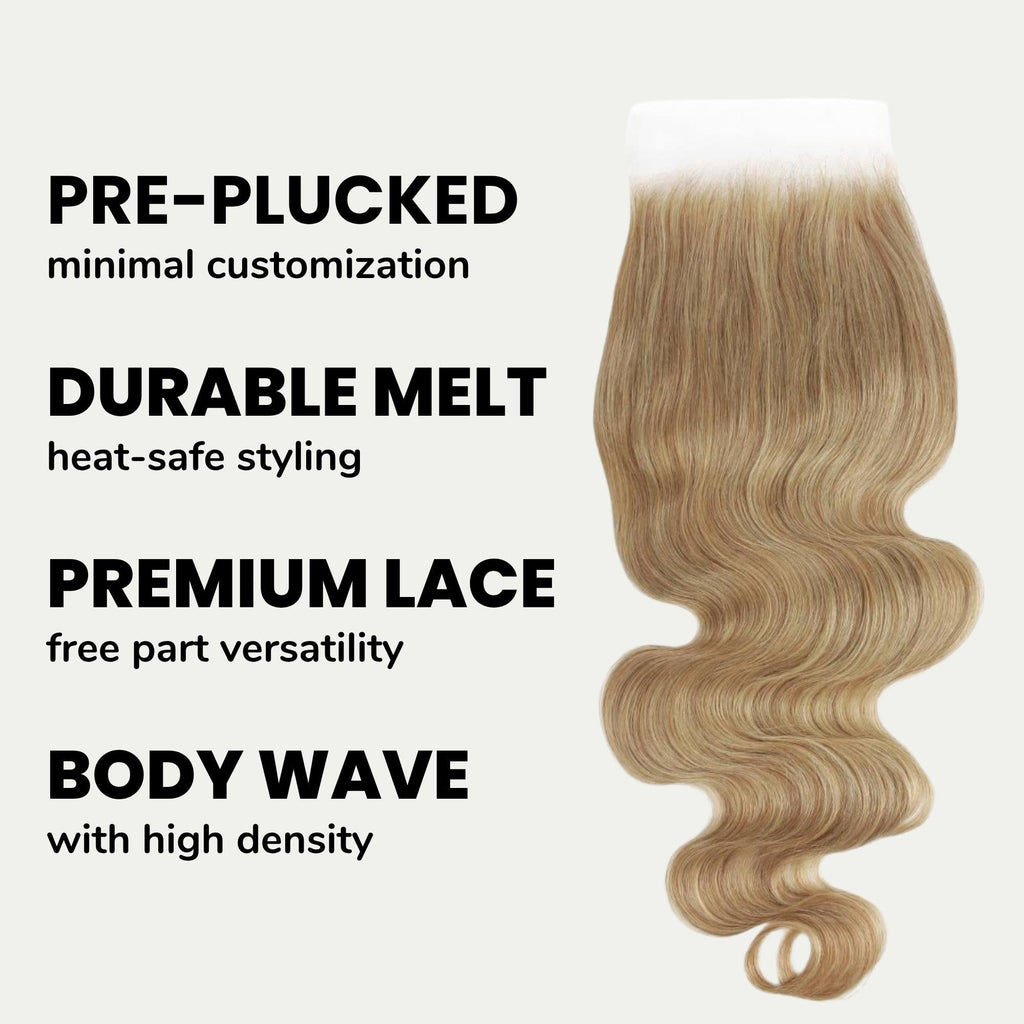 Cierre de cabello humano de encaje HD 5x5 ondulado miel rubia