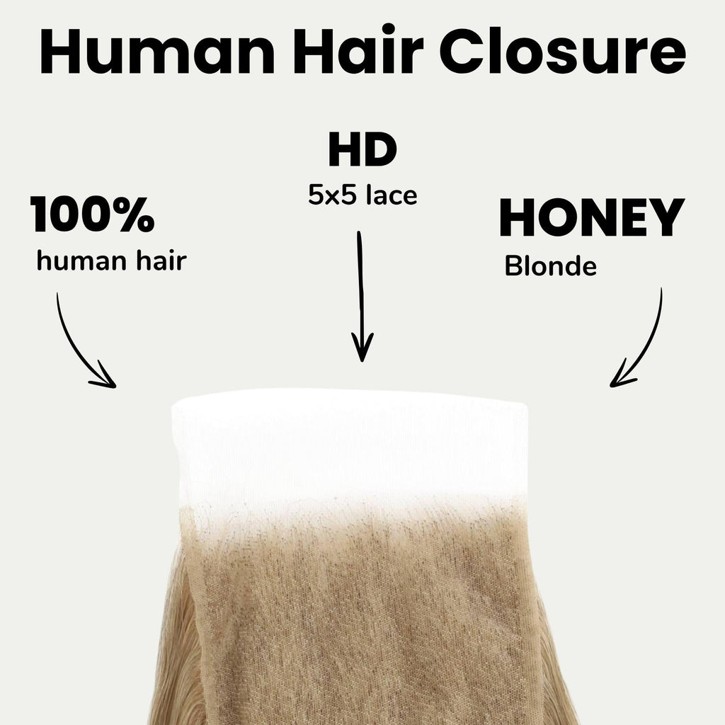 Cierre de cabello humano de encaje HD 5x5 ondulado miel rubia