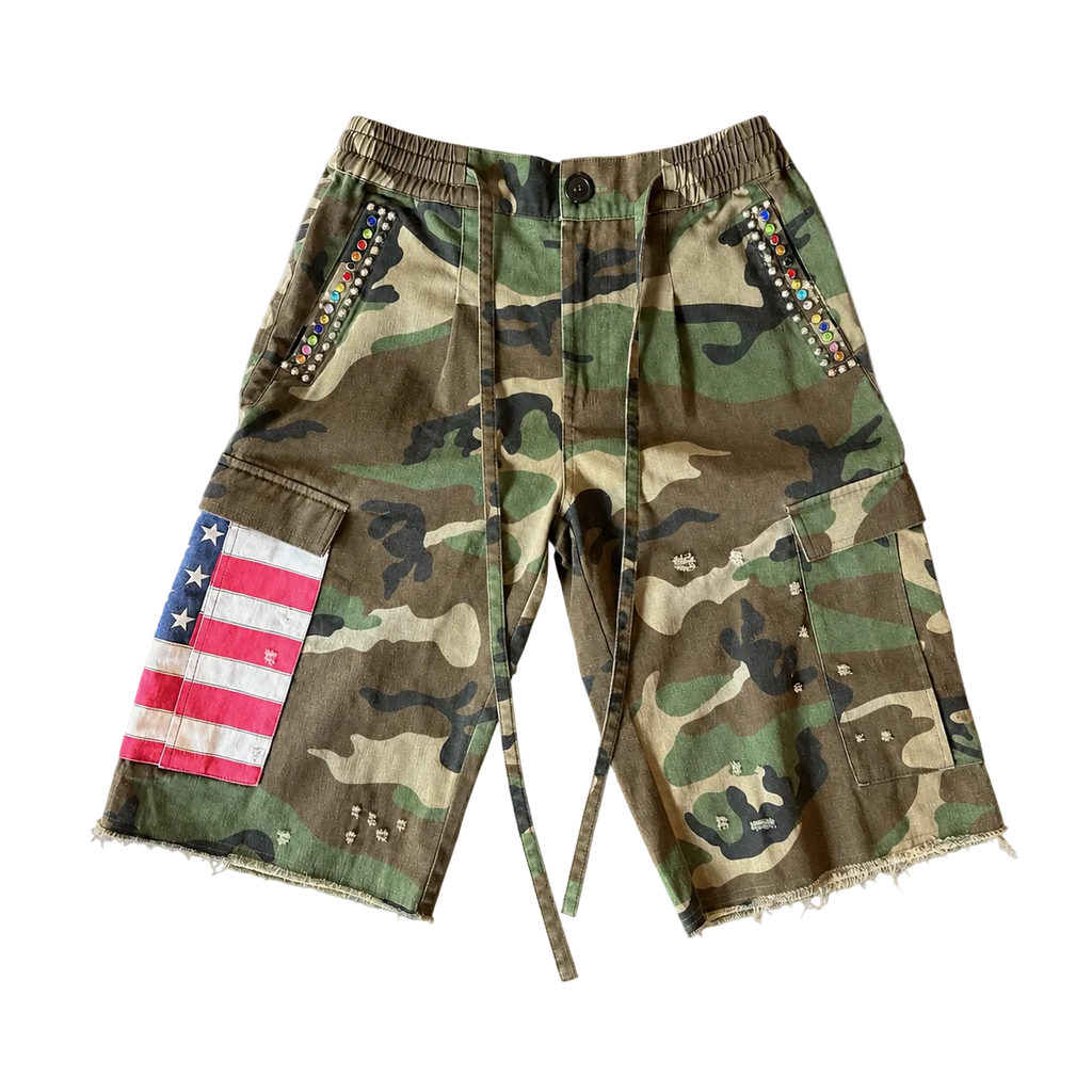 Americana Camo Pleated Rhinestone Shorts