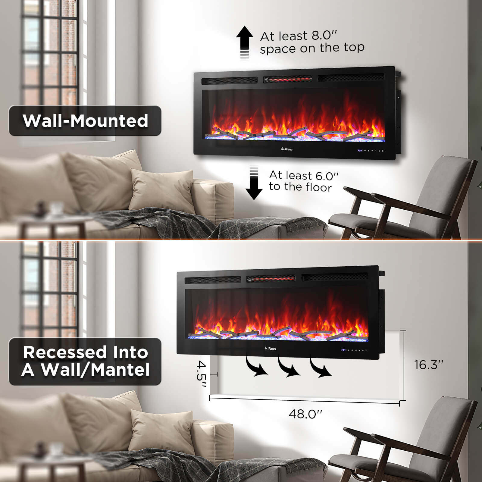 Chimenea eléctrica inteligente de pared WiFi In Flames INF50W-3D - Cristal templado