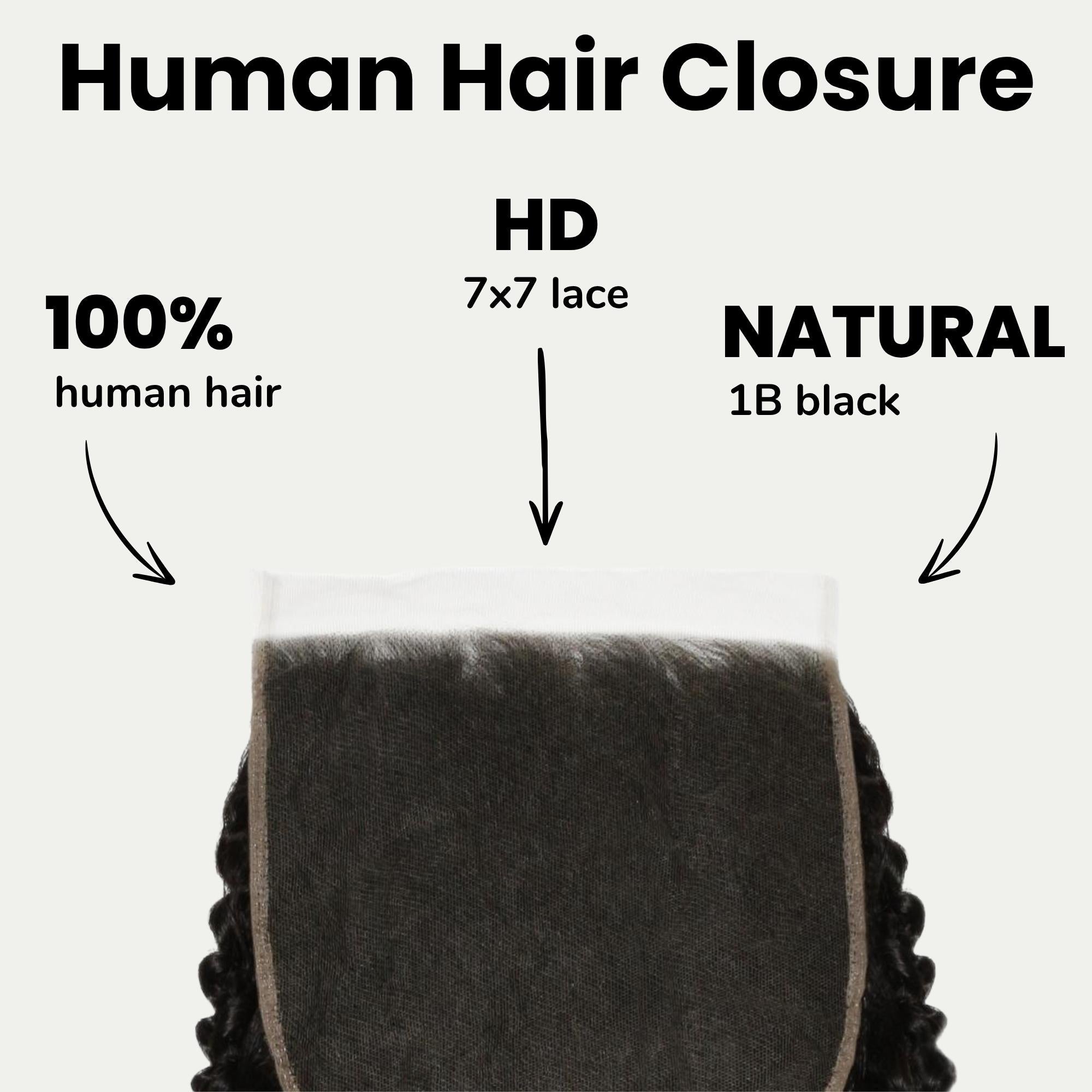 Cierre de pelo humano Jerry Curl 7x7 HD Lace