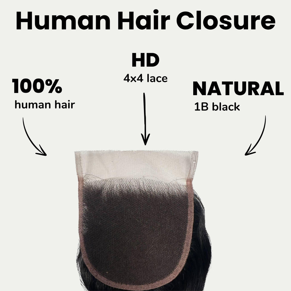 Cierre de Cabello Humano con Encaje HD 4x4, Ondulado, Negro Azabache