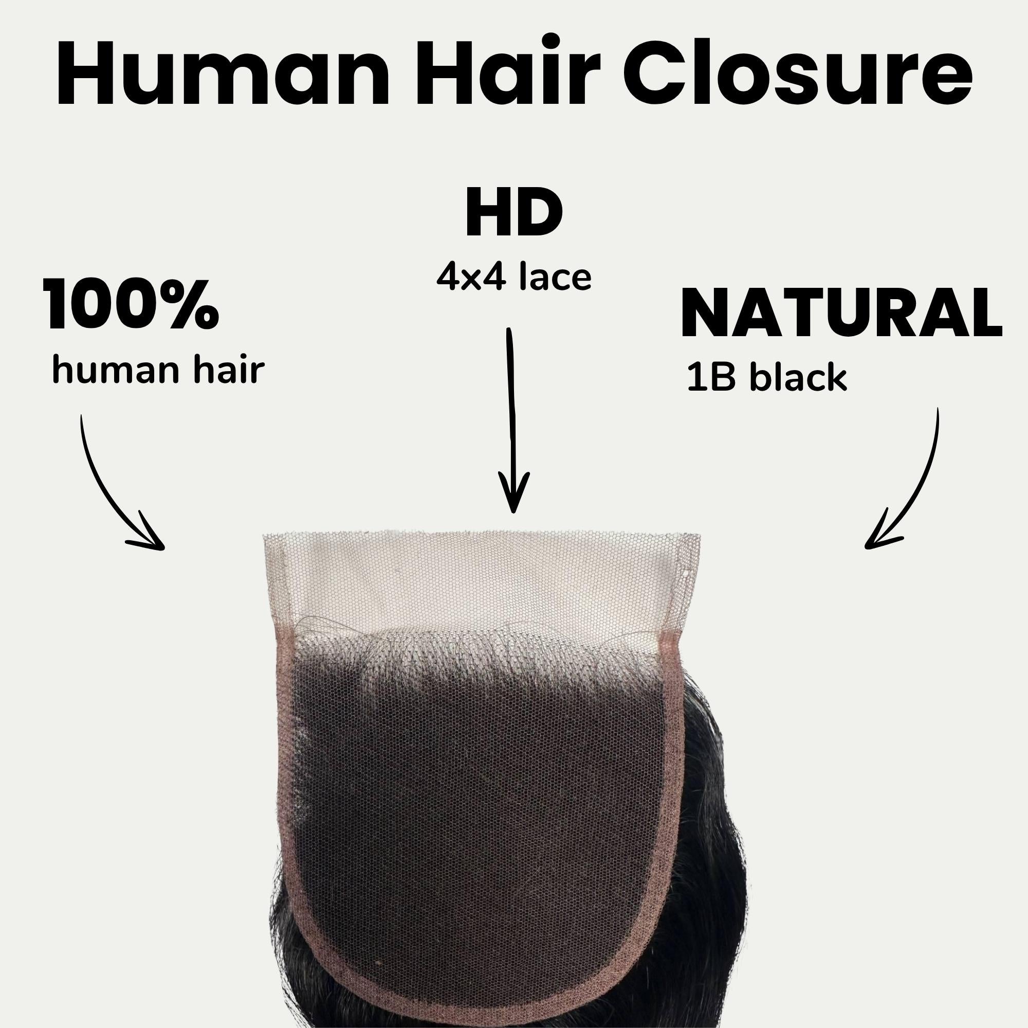 Cierre de Cabello Humano con Encaje HD 4x4, Ondulado, Negro Azabache