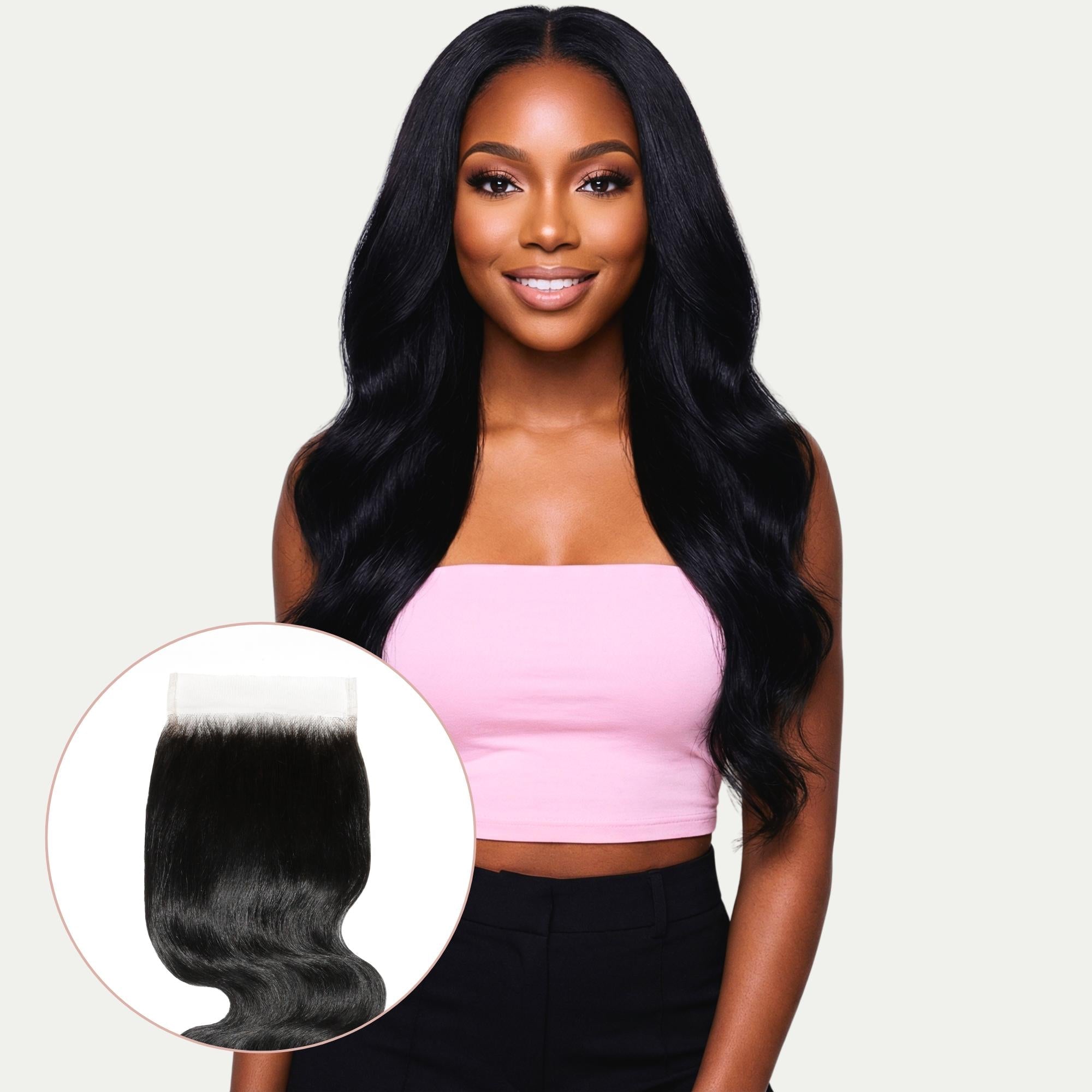 Cierre de cabello humano de encaje HD 5x5 ondulado color negro azabache