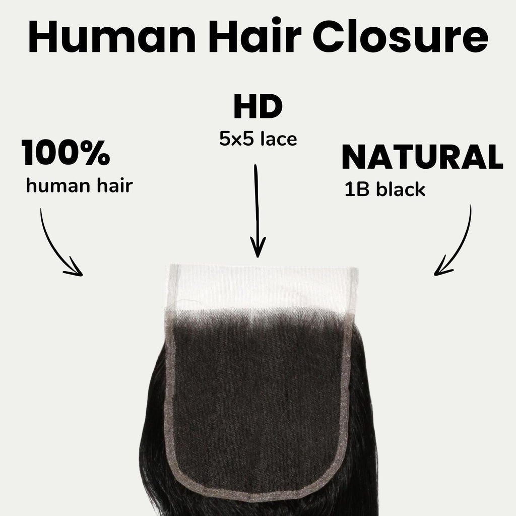 Cierre de cabello humano de encaje HD 5x5 ondulado color negro azabache