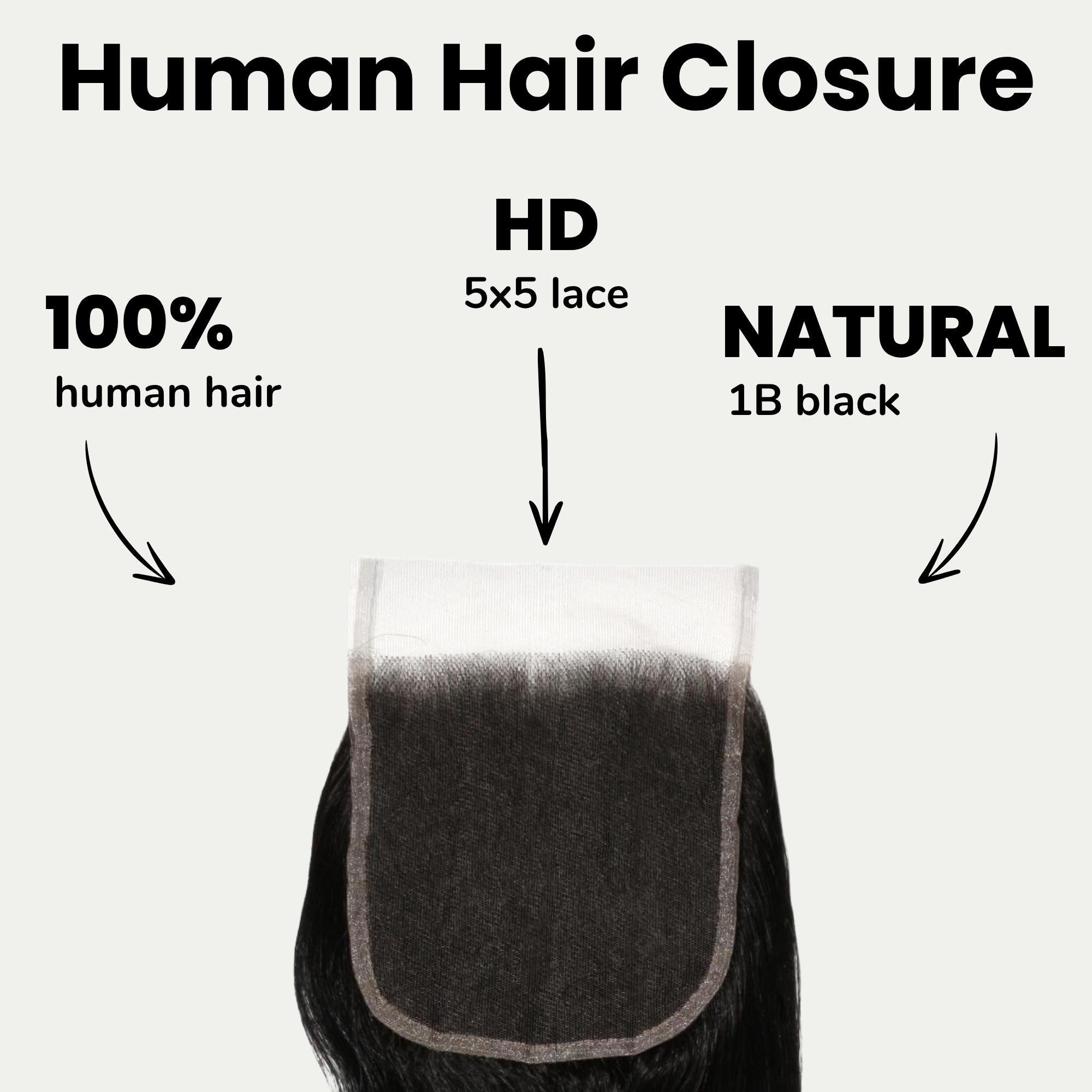 Cierre de cabello humano de encaje HD 5x5 ondulado color negro azabache
