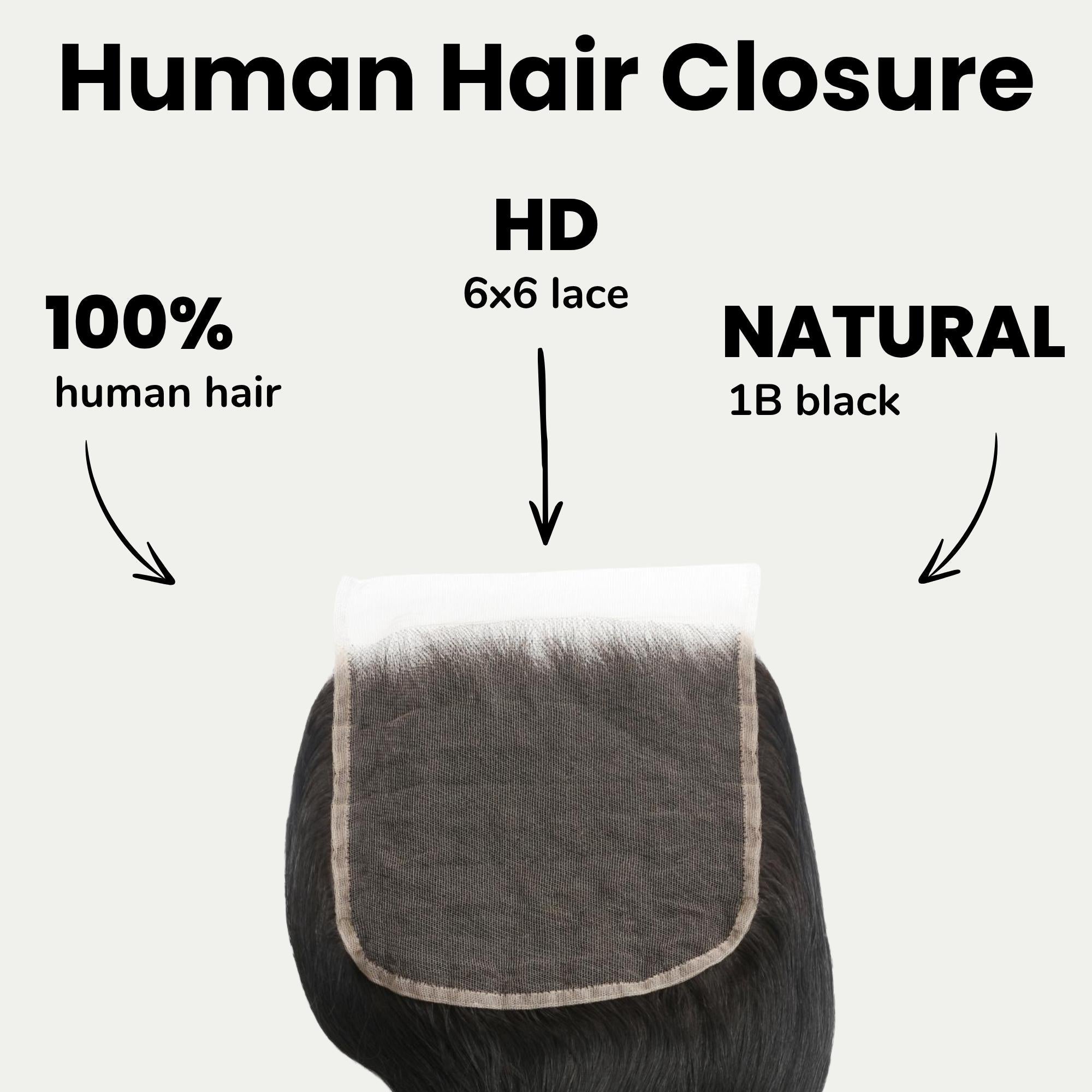 Cierre de Cabello Humano con Encaje HD de 6x6, Ondulado, Negro Azabache