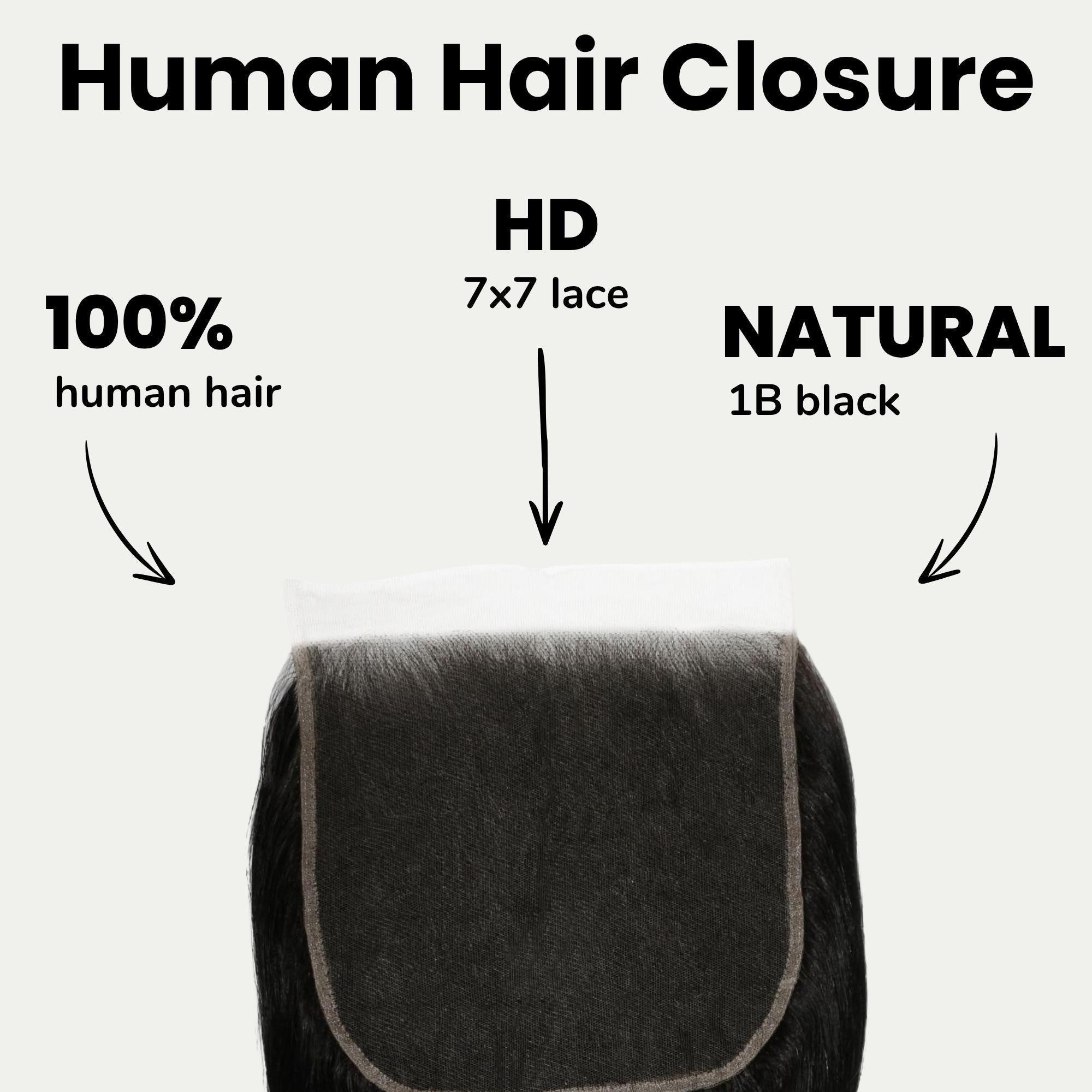 Cierre de cabello humano Jet Black Body Wave 7x7 HD Lace
