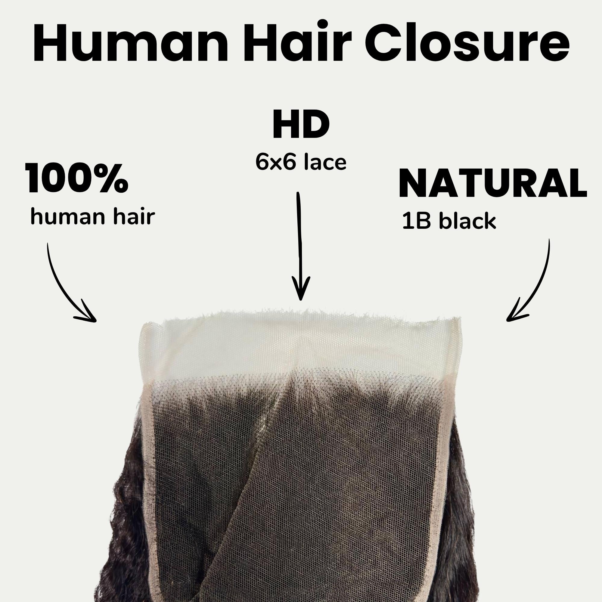 Cierre de cabello humano con encaje HD 6x6 liso rizado