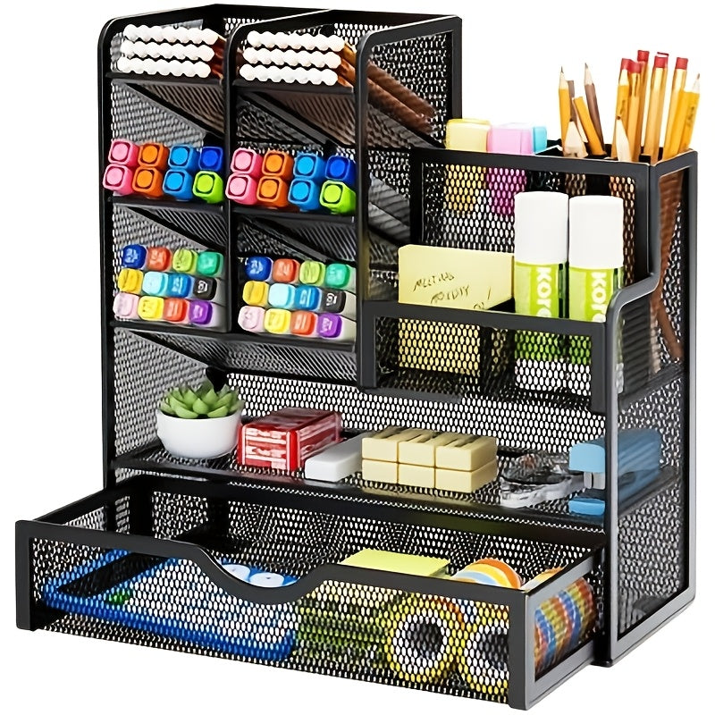 Organizador de escritorio de malla de hierro, caja de almacenamiento de papelería multicapa, material escolar y de oficina
