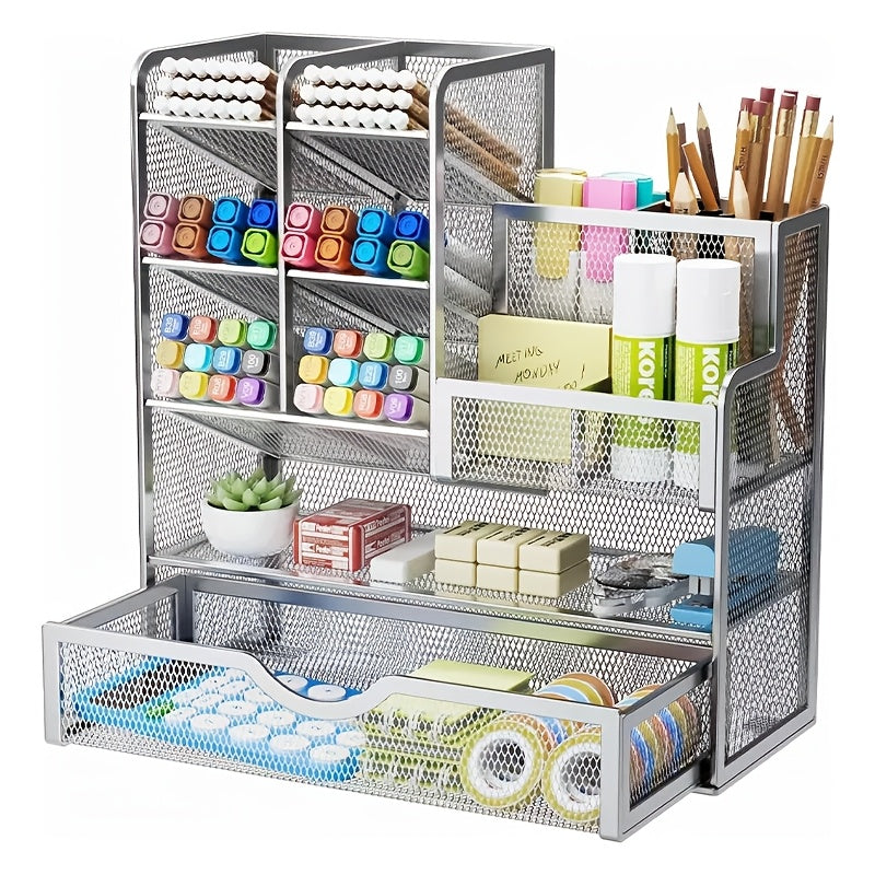 Organizador de escritorio de malla de hierro, caja de almacenamiento de papelería multicapa, material escolar y de oficina