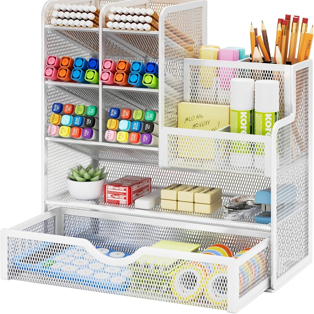 Organizador de escritorio de malla de hierro, caja de almacenamiento de papelería multicapa, material escolar y de oficina