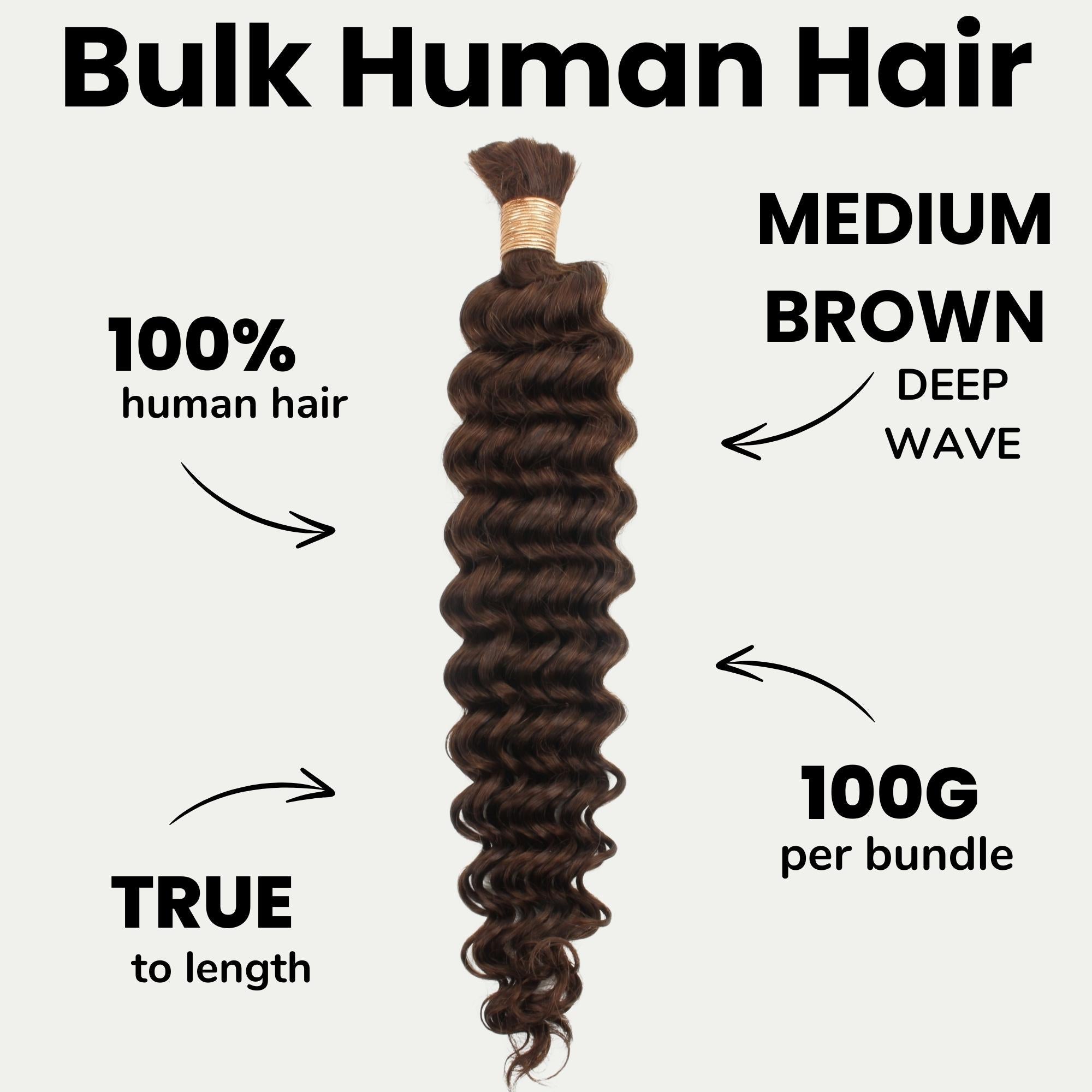 Cabello para trenzar humano 100% de onda profunda marrón medio, color 4, a granel