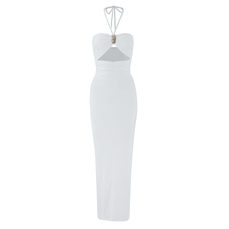 Vestido de verano sexy con cuello halter, decoración tridimensional, ahuecado, con la espalda descubierta y piernas al descubierto para mujer