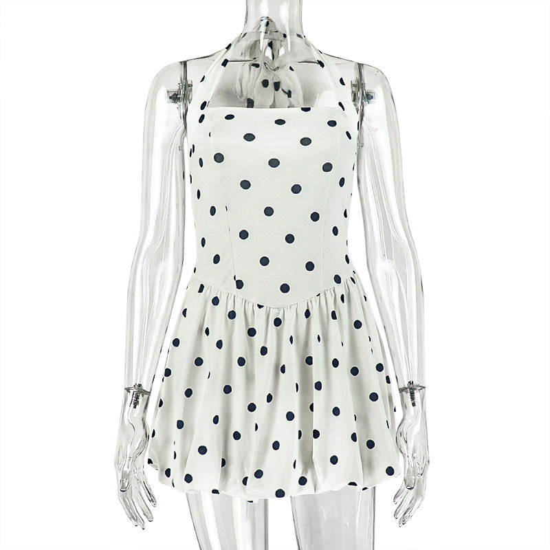 Vestido corto sin mangas con estampado de lunares, fruncido, plisado, corte en A, con cuello halter, para mujer.