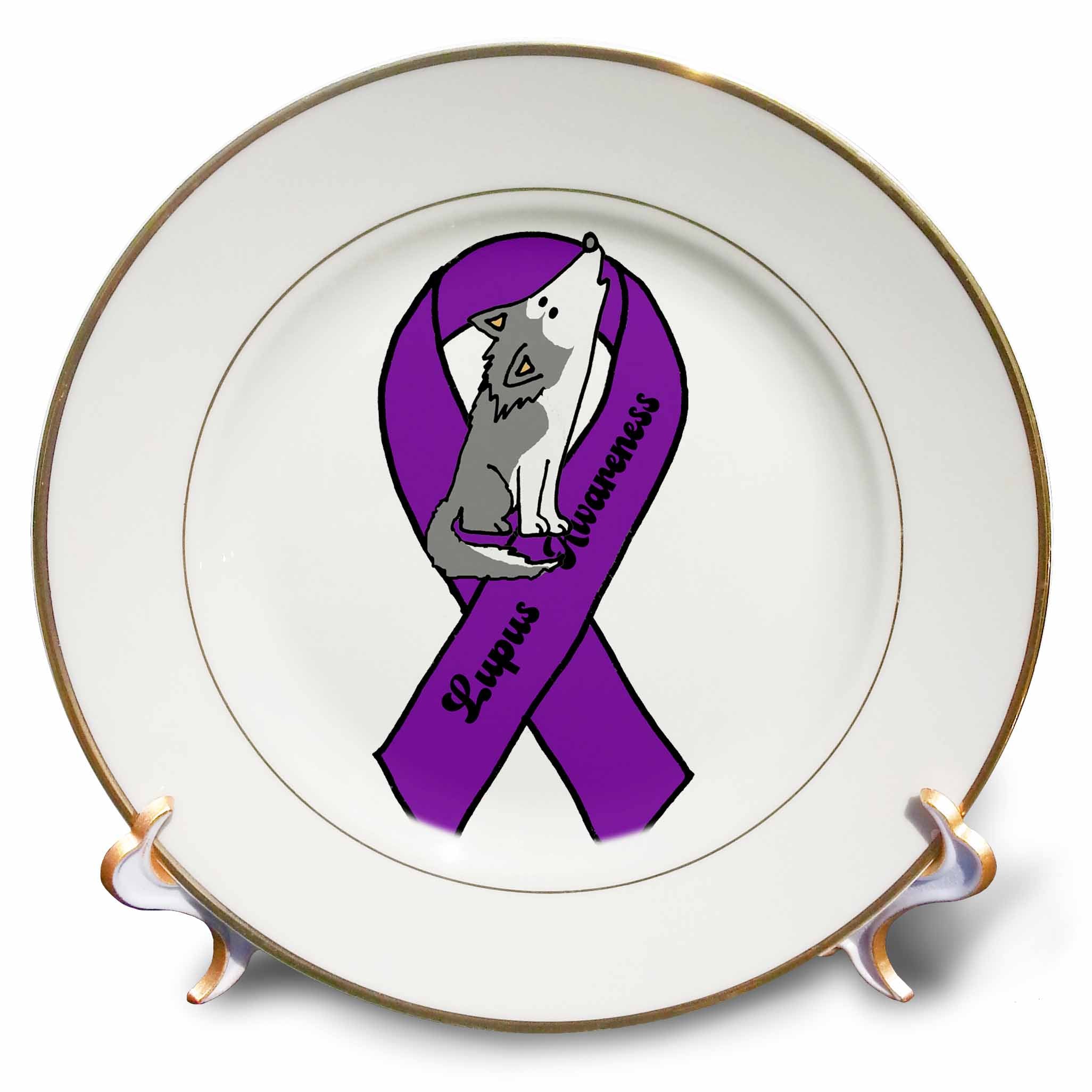 3dRose Cool Purple Ribbon and Wolf Lupus Support and Awareness - Plates (cp-362938)