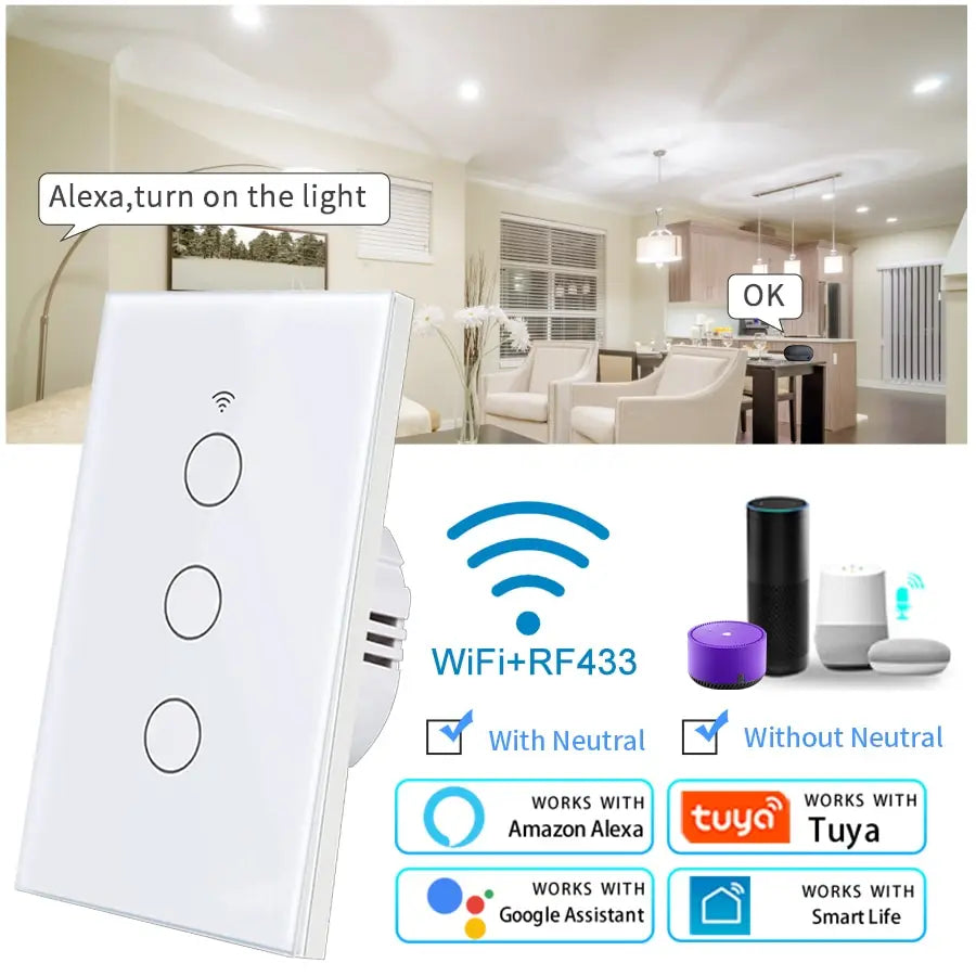 Interruptores inteligentes Tuya (EE. UU.) con cable neutro/sin cable neutro necesario, interruptor de luz táctil WiFi de 1/2/3/4 grupos, funciona con Alexa Google Home