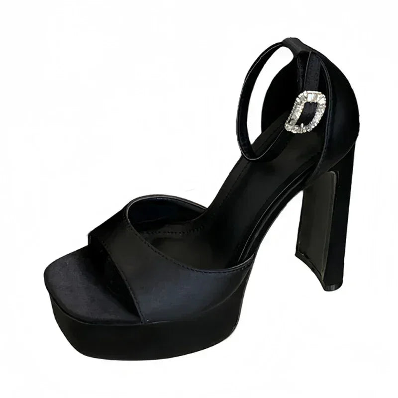 Sandalias de tacón alto negras con plataforma Liyke estilo pasarela para mujer, de seda cómoda, puntera cuadrada, correa con hebilla, zapatos de fiesta de vestir para mujer, talla 40