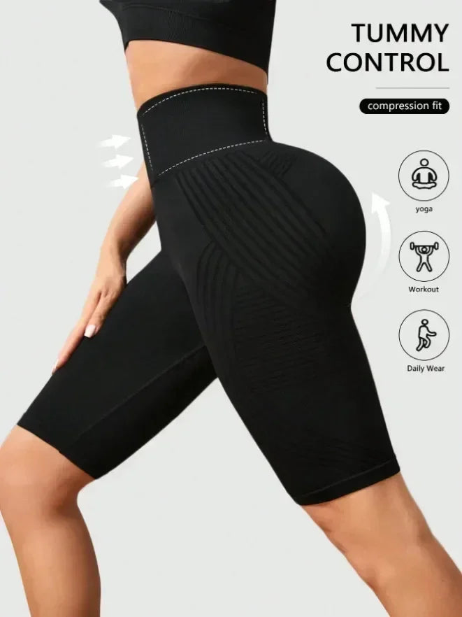 Pantalones cortos de yoga sin costuras para mujer, de cintura alta, a rayas, ajustados, pantalones cortos sexy para levantar glúteos, para gimnasio, de entrenamiento, de alta elasticidad, tipo capri