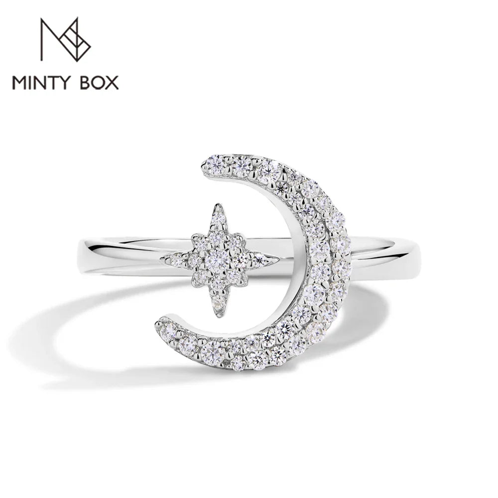 MINTYBOX 0.242CTW Star Moon S925 Sterling Silver Moissanite Rings For Women Lab Diamond Ring 18K Gold Plated Wedding Jewelr Gift