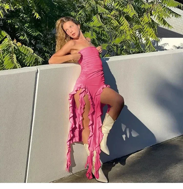 Vestido midi sin tirantes sexy con volantes irregulares criptográficos para mujer, elegante vestido de cumpleaños, vestido de verano fruncido