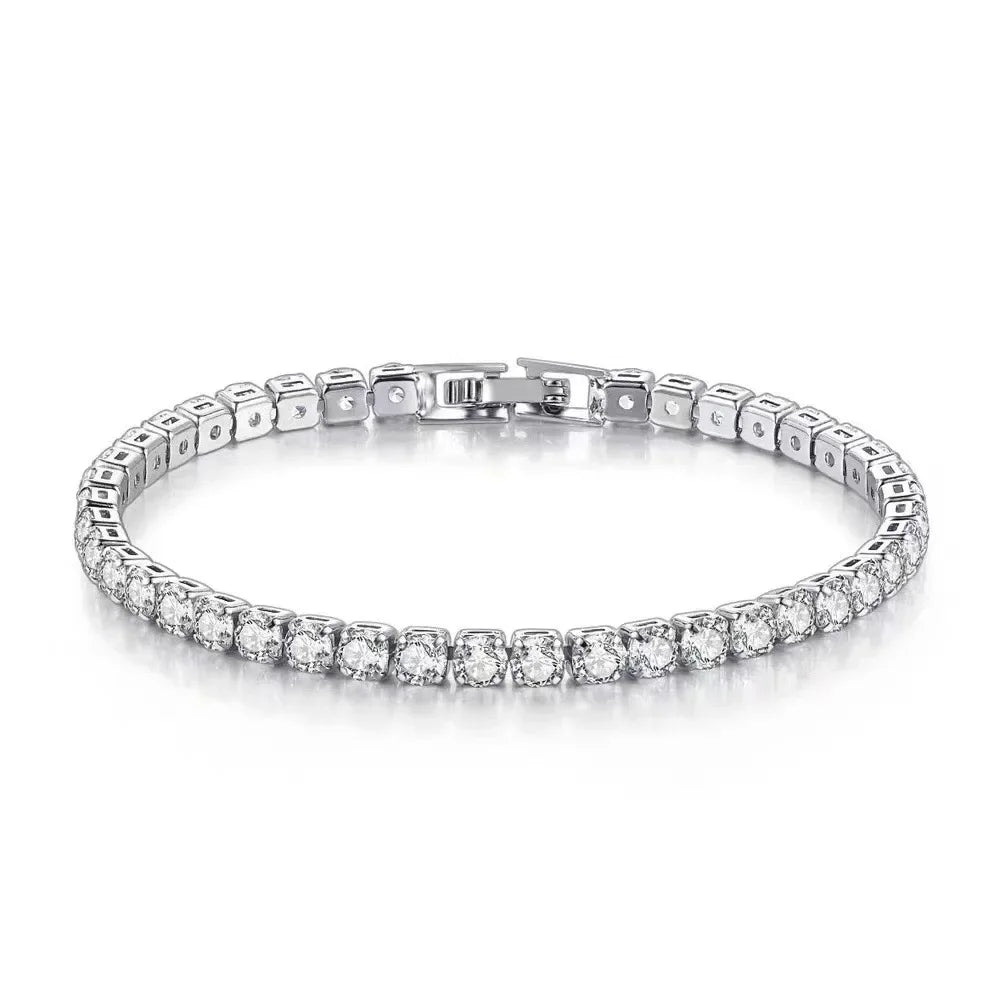 Pulsera de plata de ley S925, circonita, bola de tenis, moda femenina, sencilla, compromiso, boda, joyería, 4 mm, 16-23 cm