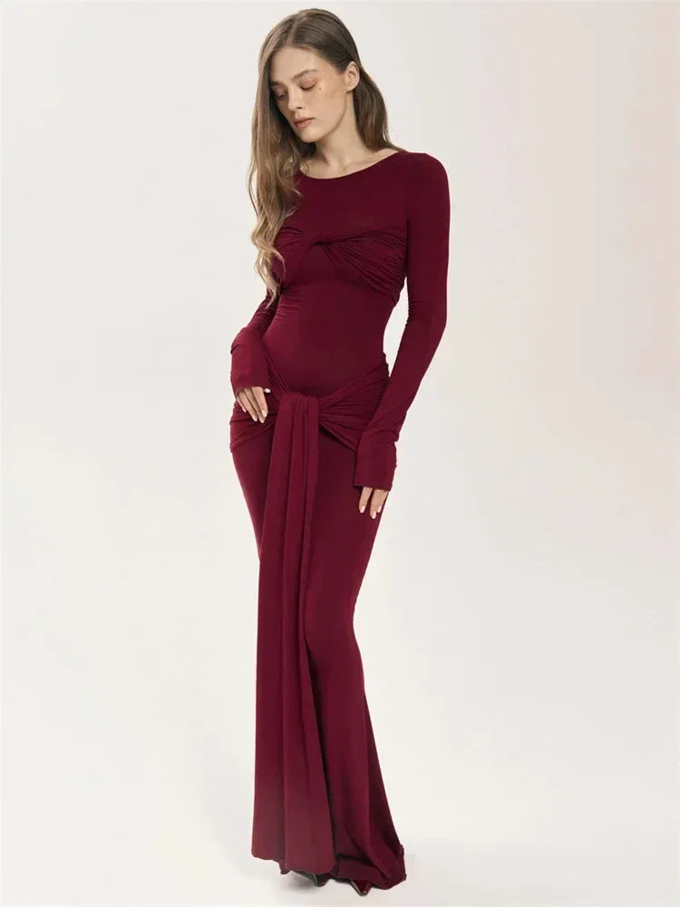 Vestido Maxi Plisado Sexy para Mujer Tossy, Vestido Ajustado de Manga Larga con Parches y Nudos, Estilo Y2k Otoño, Ropa Urbana para Mujer