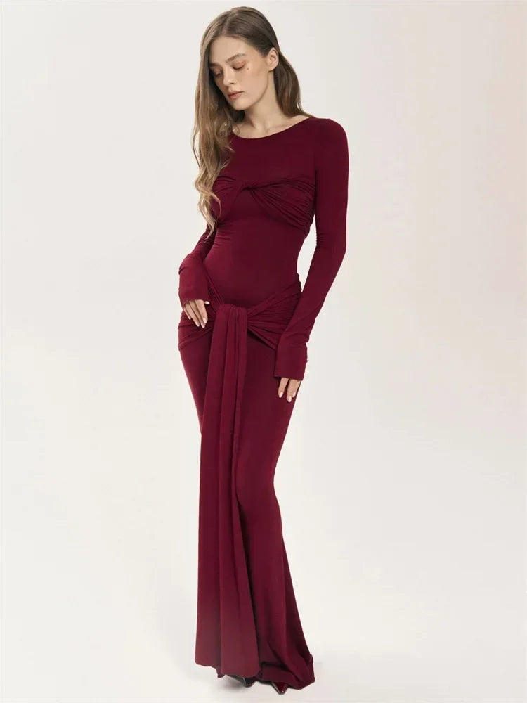 Vestido Maxi Plisado Sexy para Mujer Tossy, Vestido Ajustado de Manga Larga con Parches y Nudos, Estilo Y2k Otoño, Ropa Urbana para Mujer