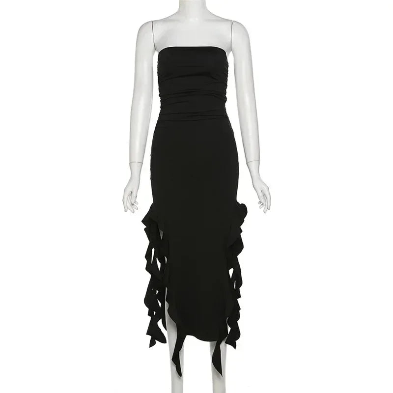 Vestido midi sin tirantes sexy con volantes irregulares criptográficos para mujer, elegante vestido de cumpleaños, vestido de verano fruncido