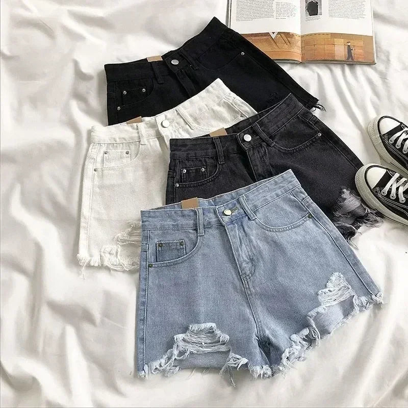 Pantalones cortos de mezclilla coreanos para mujer, moda de verano, casual, cintura alta, jeans rotos, bolsillos con flecos, pantalones Y2K, ropa de calle azul