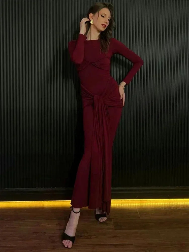Vestido Maxi Plisado Sexy para Mujer Tossy, Vestido Ajustado de Manga Larga con Parches y Nudos, Estilo Y2k Otoño, Ropa Urbana para Mujer