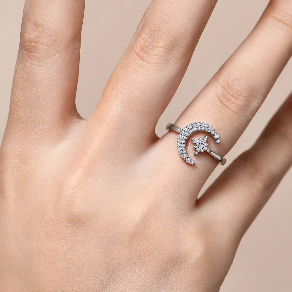 MINTYBOX 0.242CTW Estrella Luna S925 Anillos de plata esterlina con moissanita para mujer, anillo de diamante de laboratorio chapado en oro de 18 quilates, joyería de boda, regalo