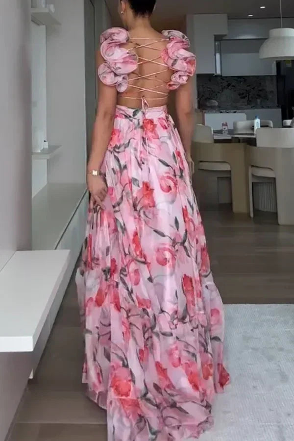 Vestido largo de gasa estampado sexy 2025, moda de verano, elegante, con cuello en V, volantes, ajustado, sin mangas, sin espalda, para fiesta, para vacaciones