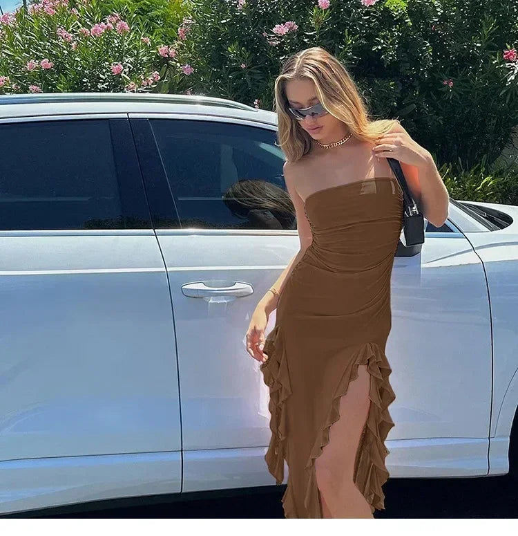 Vestido midi sin tirantes sexy con volantes irregulares criptográficos para mujer, elegante vestido de cumpleaños, vestido de verano fruncido