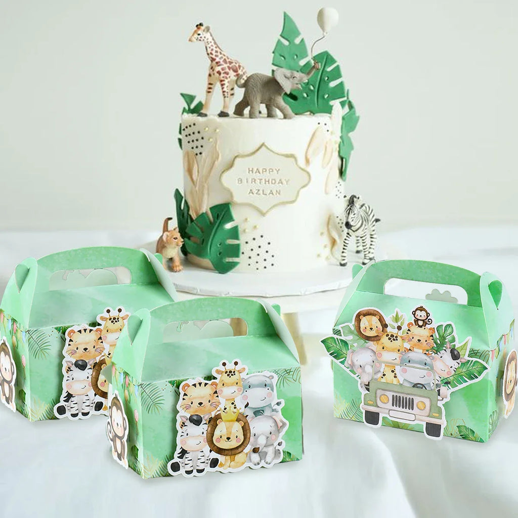 4 unidades cajas de dulces de animales de la selva DIY, decoración de fiesta de cumpleaños Safari, caja de embalaje de regalo para niños, suministros para baby shower de "Wild One"