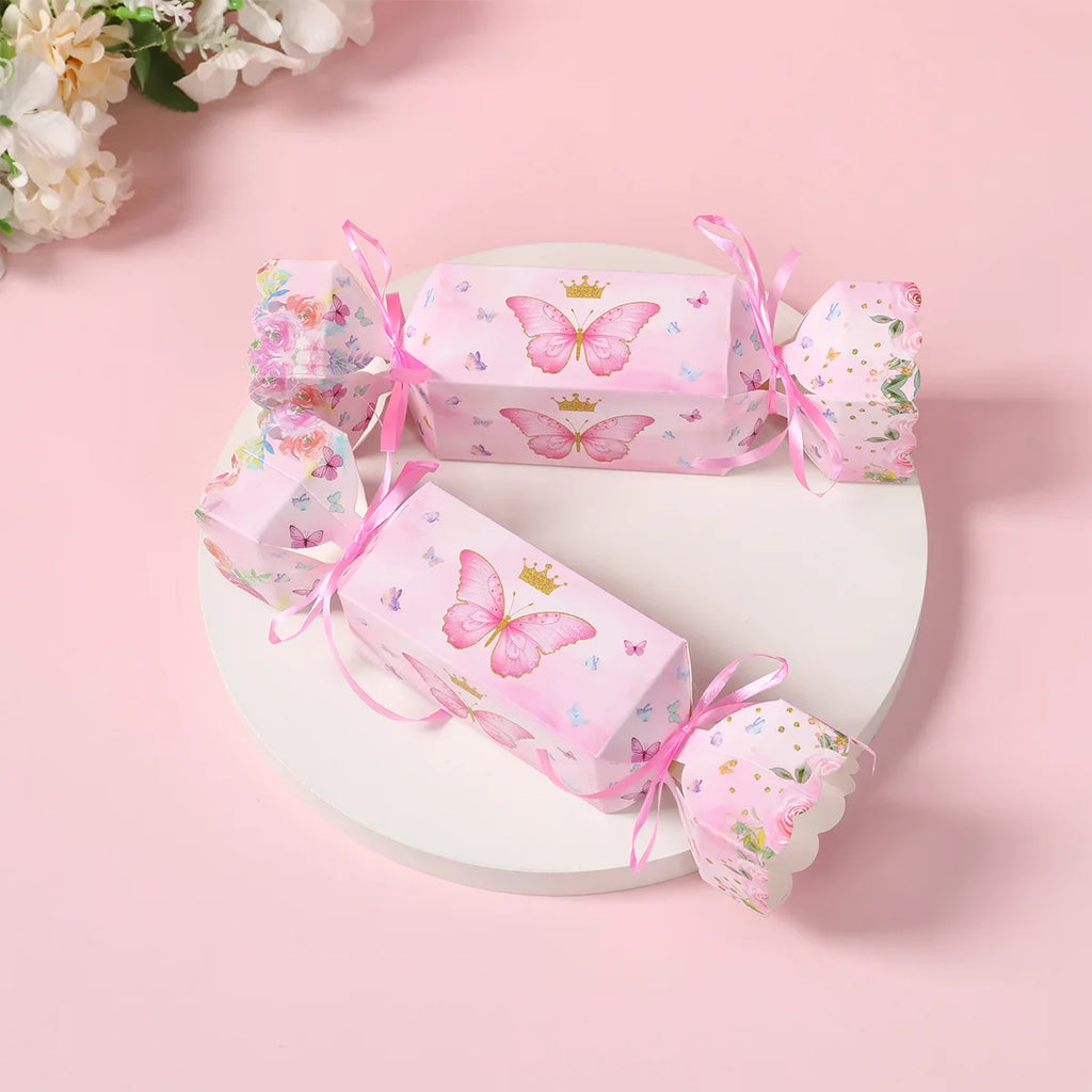 Caja de dulces de mariposa de 6 piezas con cinta, caja de regalo, decoración de fiesta de cumpleaños de mariposa, suministros de fiesta de boda para baby shower de niños