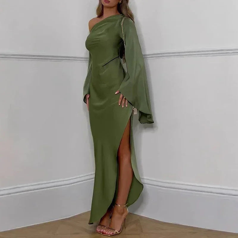 Vestido irregular sólido de hombro oblicuo sexy para mujer, elegante, con cuello torcido, sin espalda, vestido largo, manga acampanada, con abertura, para fiesta, otoño