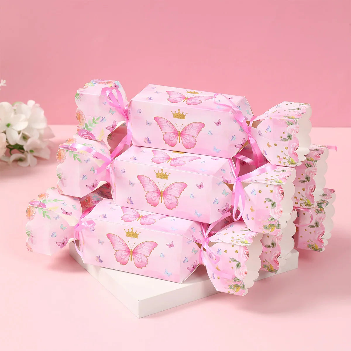 Caja de dulces de mariposa de 6 piezas con cinta, caja de regalo, decoración de fiesta de cumpleaños de mariposa, suministros de fiesta de boda para baby shower de niños
