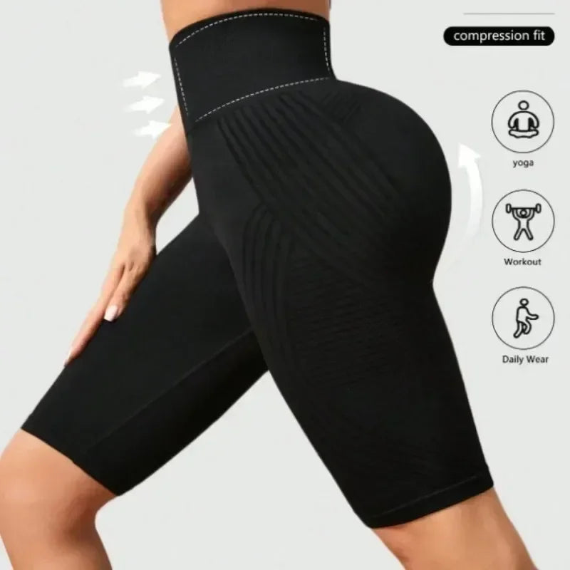 Pantalones cortos de yoga sin costuras para mujer, de cintura alta, a rayas, ajustados, pantalones cortos sexy para levantar glúteos, para gimnasio, de entrenamiento, de alta elasticidad, tipo capri