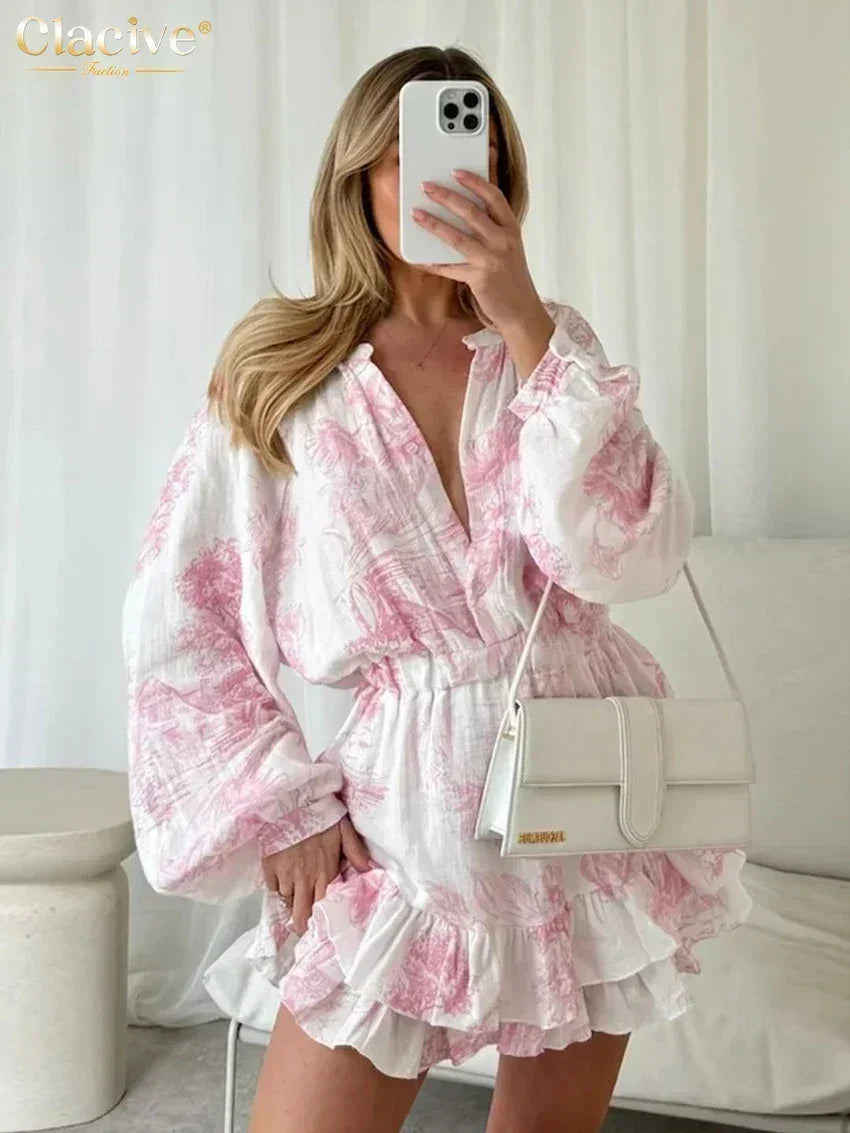 Clacive Vestido holgado de mujer con estampado de moda 2024 Casual Cuello Redondo Manga Larga Mini Vestidos Elegante Cintura Alta Plisado Vestido Femenino