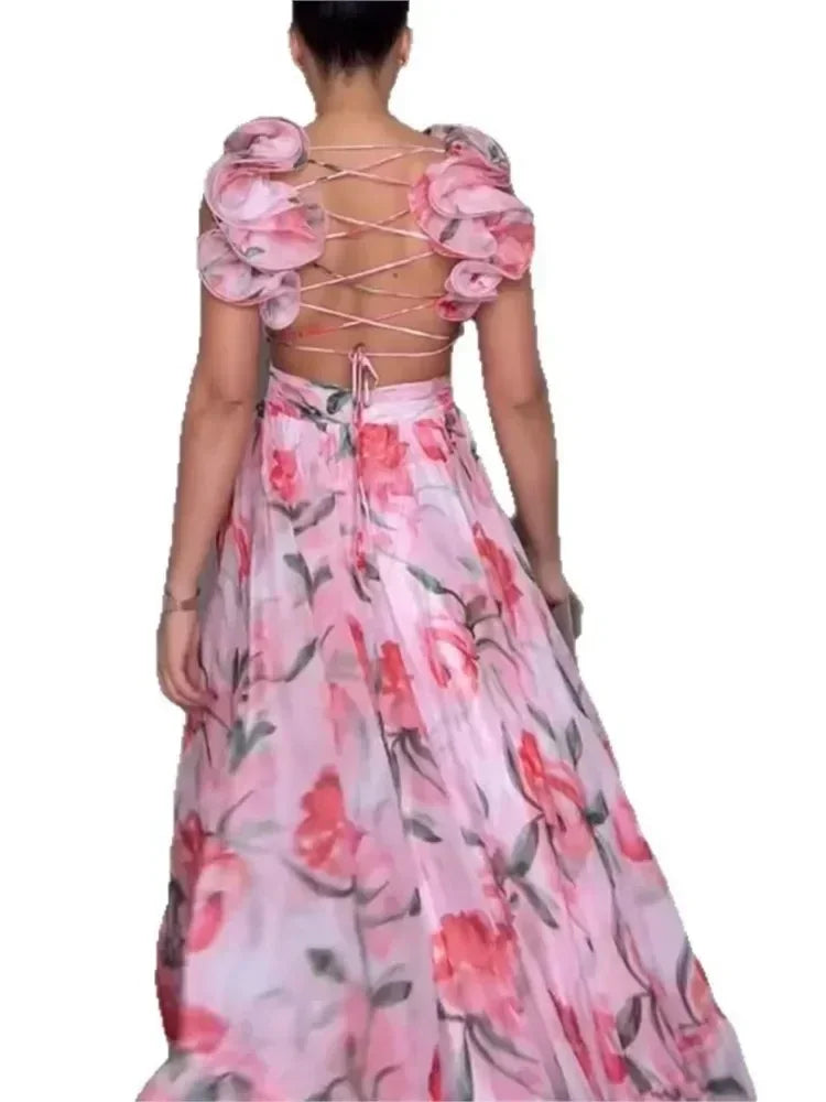 Vestido largo de gasa estampado sexy 2025, moda de verano, elegante, con cuello en V, volantes, ajustado, sin mangas, sin espalda, para fiesta, para vacaciones
