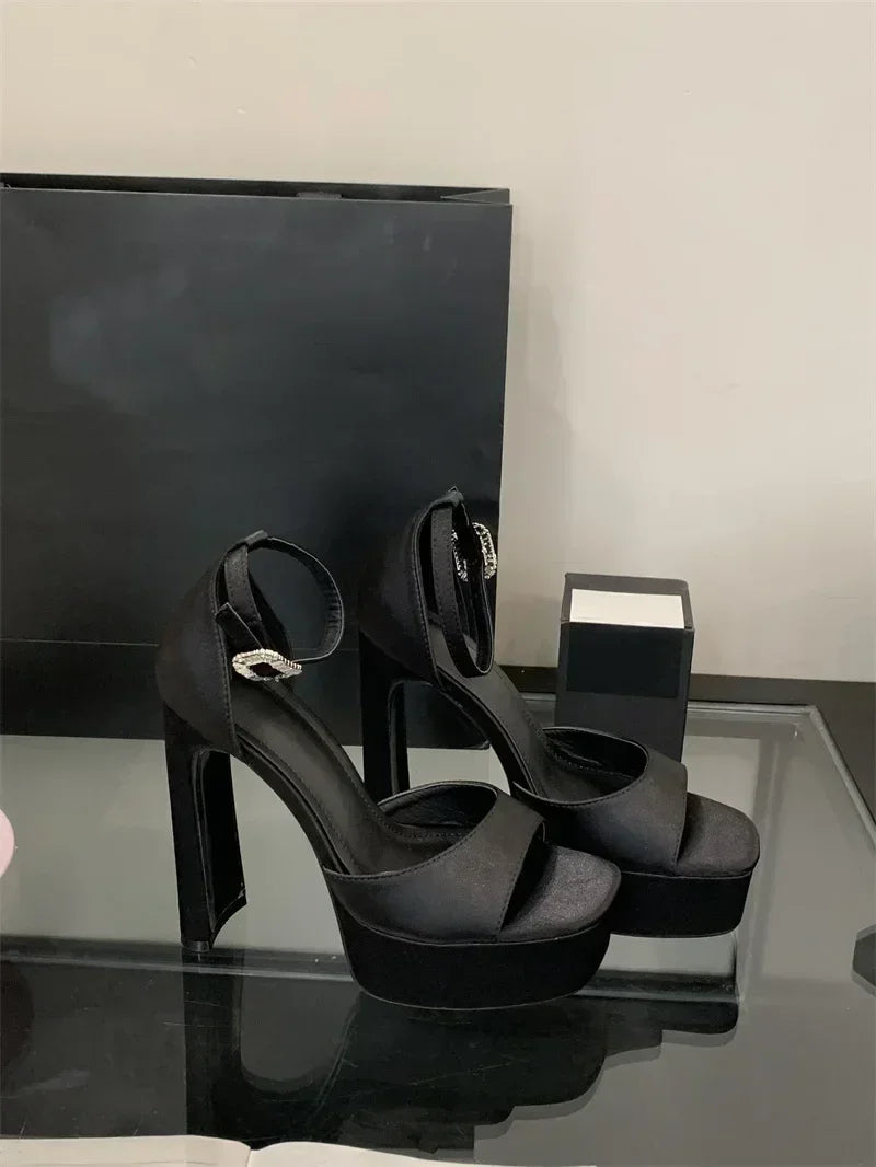 Sandalias de tacón alto negras con plataforma Liyke estilo pasarela para mujer, de seda cómoda, puntera cuadrada, correa con hebilla, zapatos de fiesta de vestir para mujer, talla 40