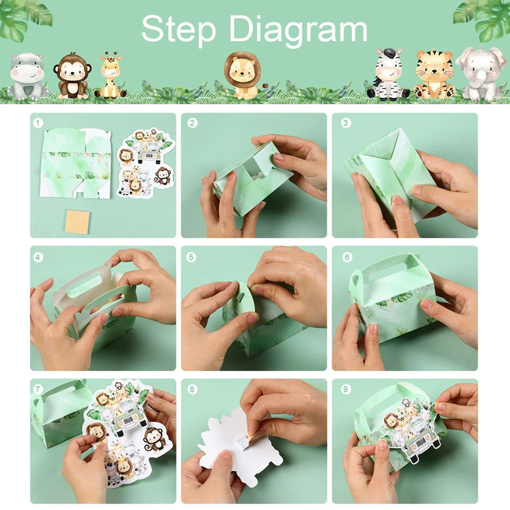 4 unidades cajas de dulces de animales de la selva DIY, decoración de fiesta de cumpleaños Safari, caja de embalaje de regalo para niños, suministros para baby shower de "Wild One"