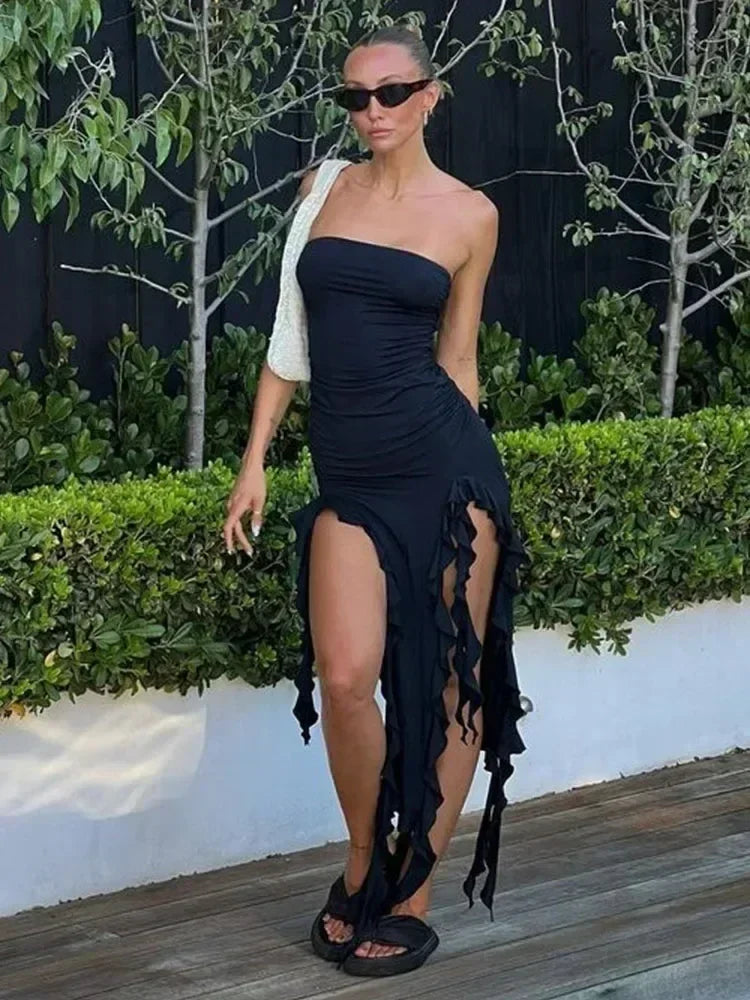 BWQ Vestidos largos para mujer con aberturas, sexy, ajustado, sin mangas, vestido medusa, moda para chicas, vestido maxi de hombros descubiertos para mujer
