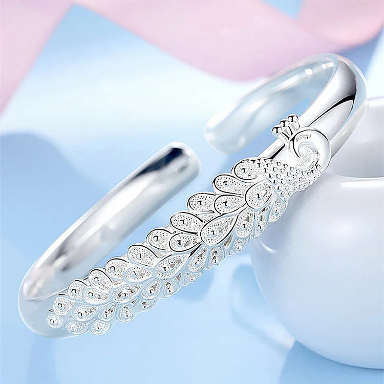 Wholesale Fine 925 Sterling Silver Bangles Bracelet Charms Heart Open for Women Lady Jewelry Adjustment Cuff Wedding Gift
